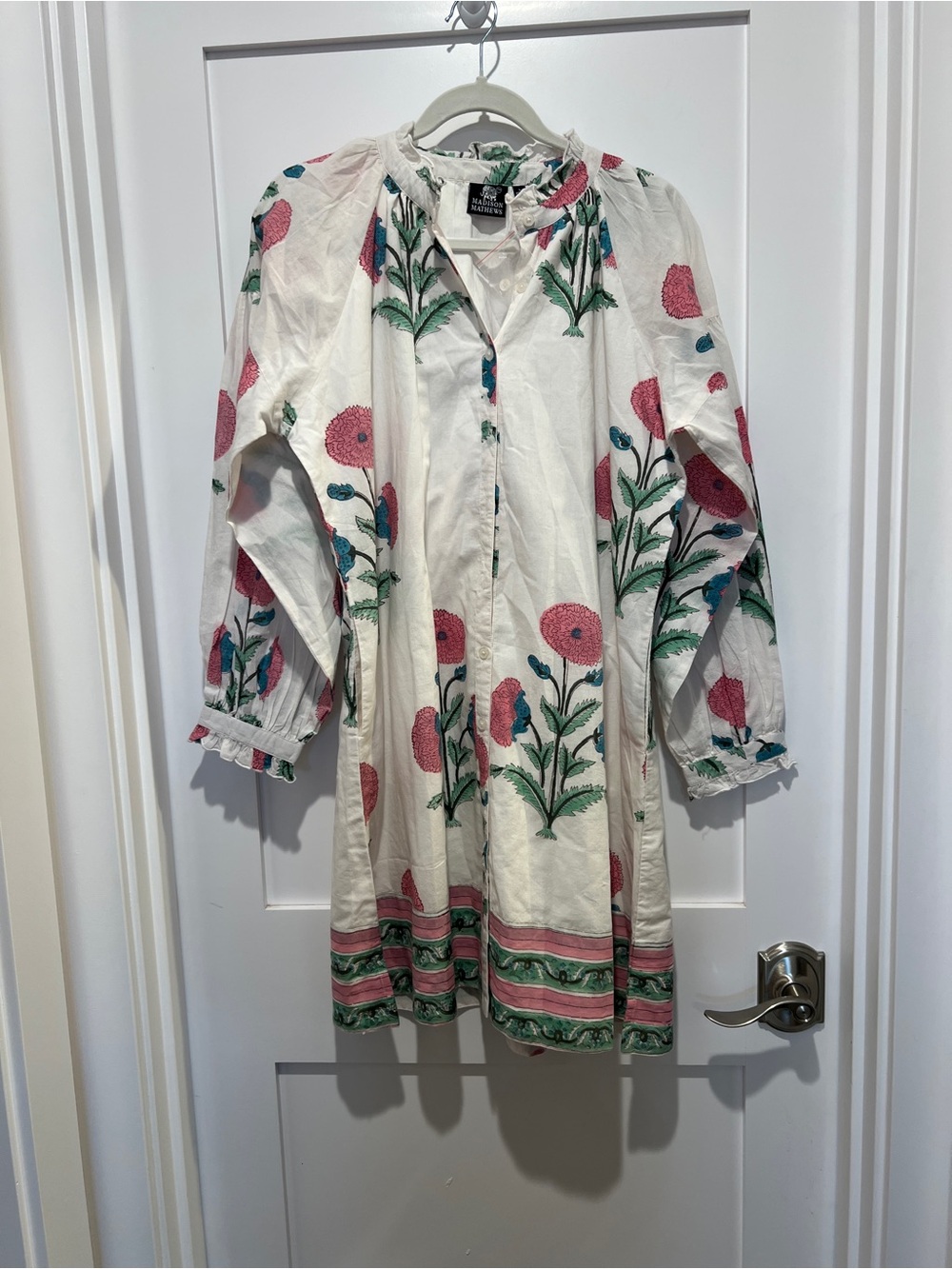 Madison Mathews blockprint Floral Mini Dress in White with Pink & Green large
